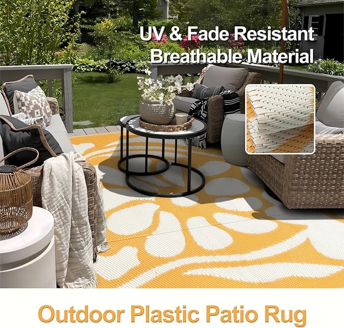 Wonnitar Outdoor Rugs 8x10,Waterproof Large Plastic Outdoor Patio Rug Clearance,Reversible Outside Portable Camping Mat,Abstract Floral Lightweight Carpet for Balcony Beach RV Camper (Orange, 8'x10')