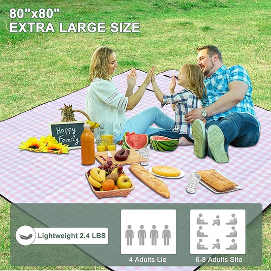 Picnic Blankets Outdoor Blanket Waterproof, 80''x80'' Extra Large Beach Blanket Sandproof Foldable Machine Washable, Vintage Gingham Picnic Mat Grass Lawn Park Family Camping Party Music Festival