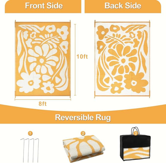 Wonnitar Outdoor Rugs 8x10,Waterproof Large Plastic Outdoor Patio Rug Clearance,Reversible Outside Portable Camping Mat,Abstract Floral Lightweight Carpet for Balcony Beach RV Camper (Orange, 8'x10')