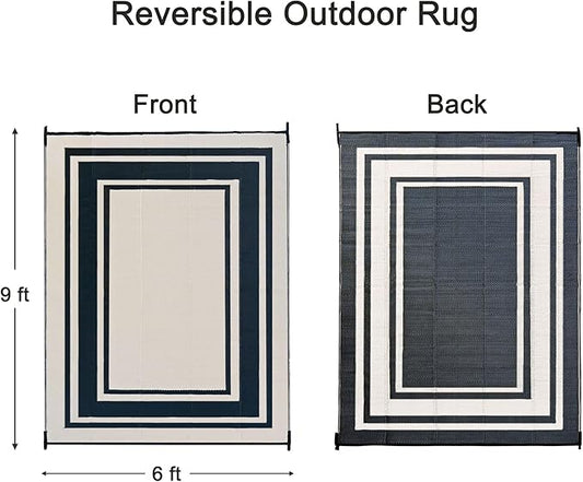RURALITY Outdoor Rugs 6x9 Waterproof for Patios Clearance,Plastic Straw Mats for Backyard,Porch,Deck,Balcony,Reversible,Black and Beige