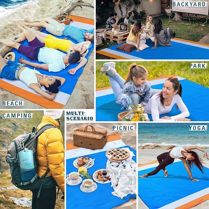 Beach Blanket Sandproof Waterproof 78''ร81''1-5 Adults Oversized,Compact Lightweight Durable Beach Mat for Travel Camping Hiking Picnic Blanket