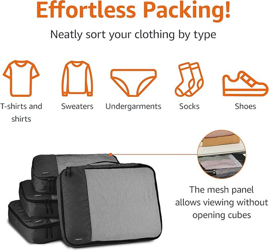 Amazon Basics Large Packing Cubes for Travel, Packing Organizers, 4-Piece-Set With Double Zipper Pulls and Mesh Top Panel, 100% Durable Polyester, Black, 17.5"L x 12.8"W x 3.3"H