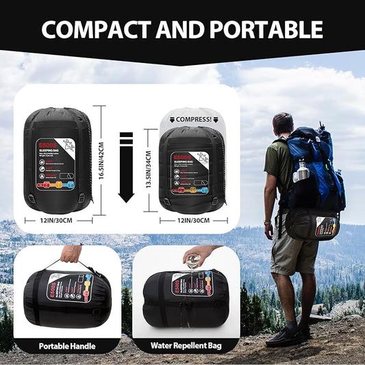 Adult Kids Sleeping Bag - All Season Warm/Cold Weather Lightweight for Camping & Hiking - Compact w/Compression Sack - Portable for Backpacking Travel Indoor - Unisex Boy Girl Man Woman