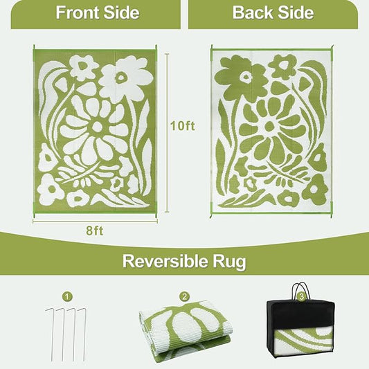 Wonnitar Outdoor Rug 8x10,Waterproof Outdoor Rugs for Patios Clearance,Reversible Outside Plastic Straw Carpet,Large Green Abstract Plant Lightweight Mat for Balcony Deck RV (Green Flower, 8'x10')