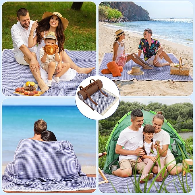 Waterproof Picnic Blankets Outdoor Blanket Foldable 2 in 1 Double Layer Sandproof Beach Mat with Carry Strap for Camping Lawn Park Beach Grass(Blue White,59 x 79 Inches)