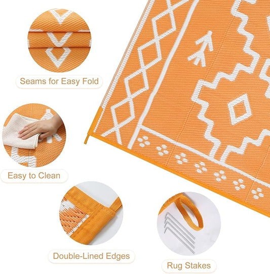 Uphome Outdoor Rugs 8x10 Waterproof, Reversible Orange Boho RV Camping Rug, Patio Plastic Straw Outside Rug, Large Foldable Outdoor Mat Carpet for Backyard Deck Pool Balcony Picnic Beach, 8'x10'