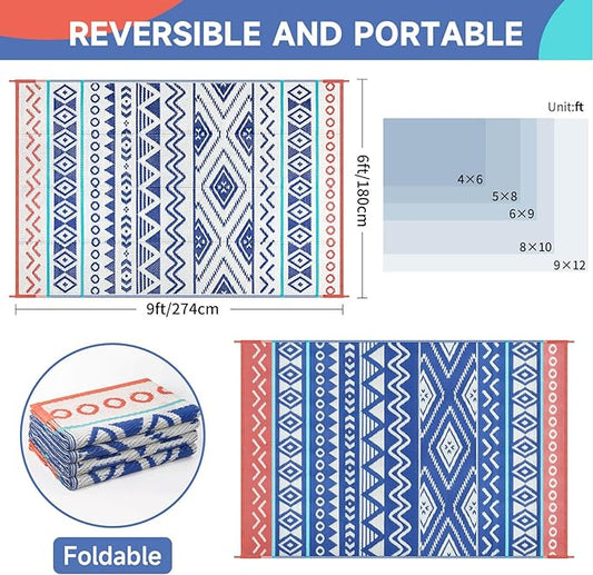 Outdoor Rugs Patio Camping Waterproof - 6x9 Plastic Straw Patio Rug Portable for Campers, Outside RVs Mat, Outdoor Area Carpet for Patios Clearance, Backyard Porch, Balcony, Picnic