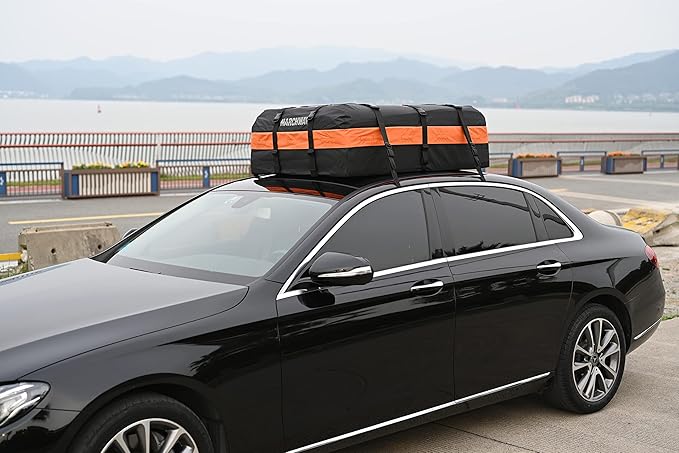 MARCHWAY Waterproof Car Roof Luggage Bag, Weatherproof Soft Shell Rooftop Cargo Carrier Bag for Vehicles with or Without Rack. 6 Door Hooks, Anti Slip Mat, Lock Included (15 Cubic Feet, Orange)