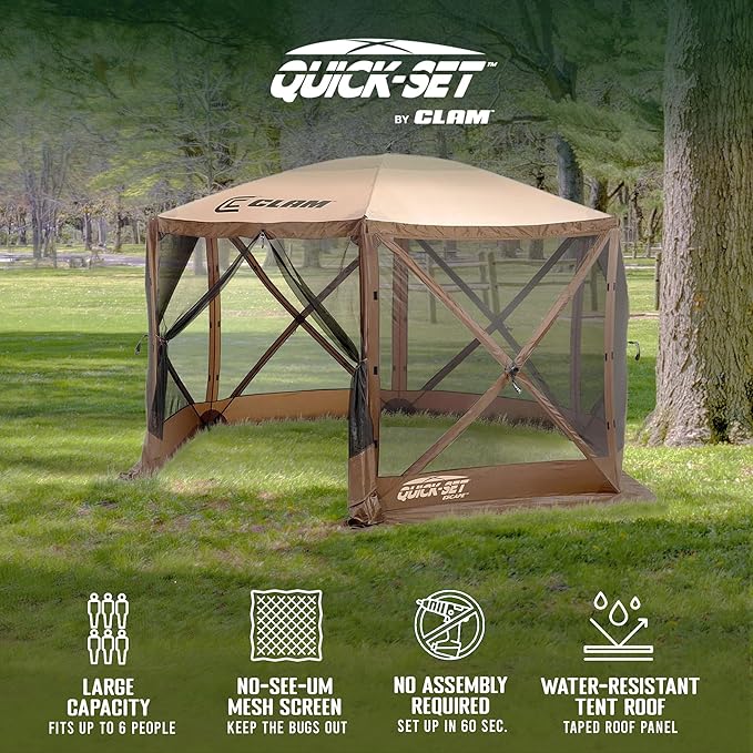 CLAM Pop Up Screen Tent, Outdoor Camping Gazebo Canopy, Escape, 11.5', Brown - Heavy-Duty Portable Screened Shelter with Netting for Beach, Patio, and Backyard