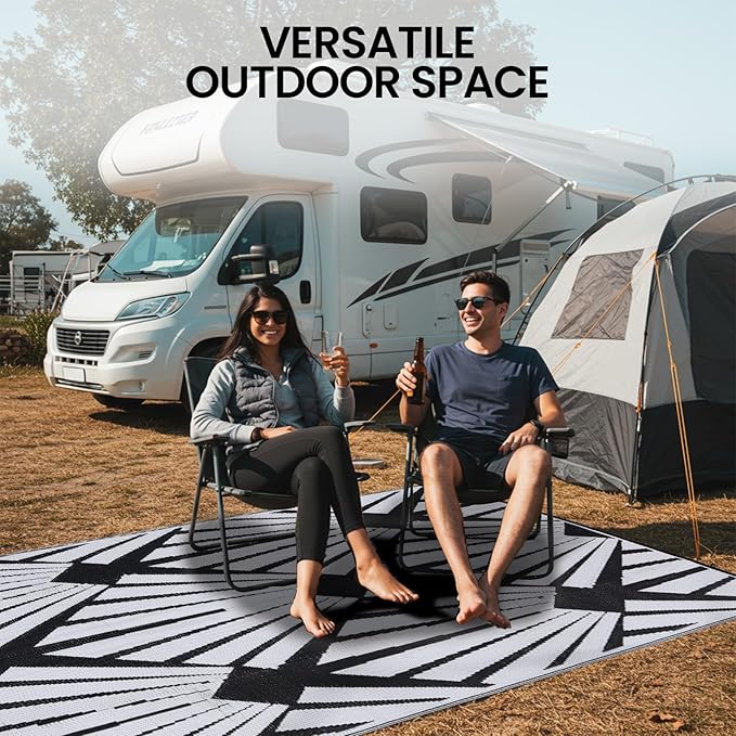 Outdoor Rug for Patio, 5x8 Ft Reversible Outdoor Plastic Straw Rug Waterproof Foldable Camping Mat with Uv Protection, Quick-Dry Straw Patio Carpet for Deck Rv Porch Backyard - Black&White