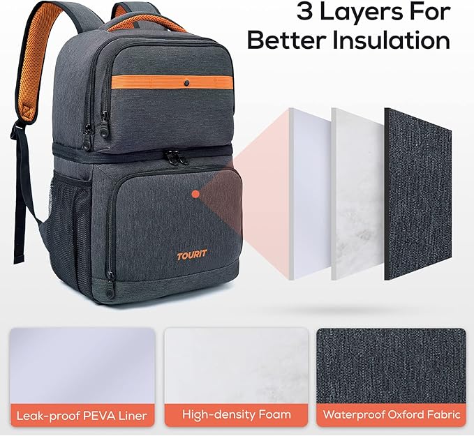 TOURIT Backpack Cooler with Double Decks, Insulated Cooling Bag for Lunch, Waterproof Lightweight for Men to Camping, Picnic, Hiking, Beach Park