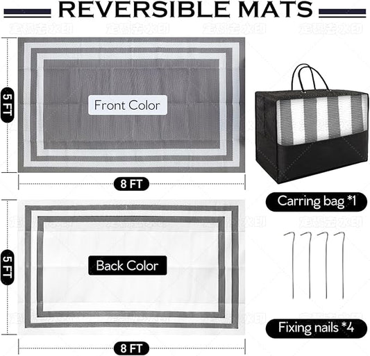 5'x 8' Outdoor Rug,Waterproof Reversible Patio Rugs,5x8 ft Plastic Straw Outdoor Carpet Foldable Plastic Camping Mat for Outside RV, Patio,Picnic,Camper,Balcony,Porch(White&Gray)