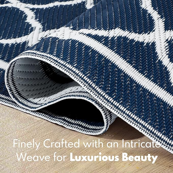 Waterproof Outdoor Rug 9x12 ft, Reversible Plastic Straw Rug, Easy to Clean Patio Rug, Portable Carpet for Patio, RV, Deck, Balcony, Backyard, Picnic, Beach, Clover, Navy Blue