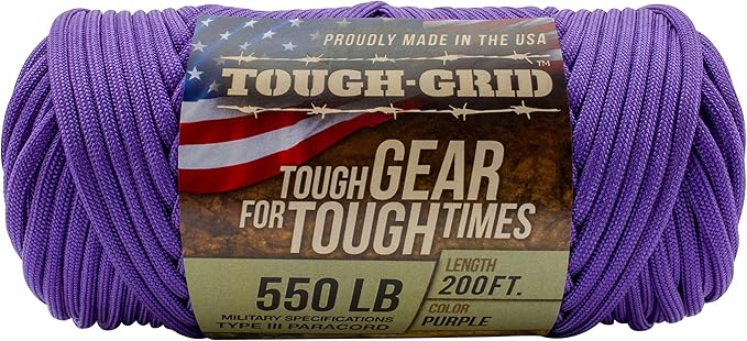 TOUGH-GRID Premium Purple Paracord 550 lbs Made in USA Outdoor Survival Nylon Rope Tactical Heavy Duty Strands Parachute Cord Used by US Military Type III Mil-Spec