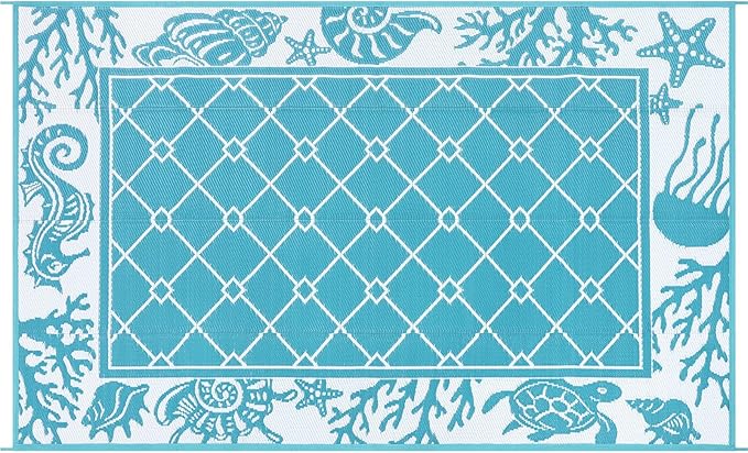 Vaukki Reversible Rugs, Plastic Straw Outdoor Doormat, Fade Resistant Plastic Outdoor Patio Mat, Lightweight Ocean Area Carpet for Patio, RV, Camping, Beach, Deck, Backyard and Picnic (Teal, 5'x8')
