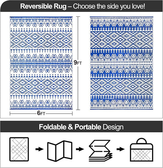 Waterproof Outdoor Rug 6x9ft, Bohemia Reversible Plastic Straw Mat for Patio RV Deck Porch Backyard Balcony Camping Picnic Beach Indoor Outdoor Carpet, Blue&White