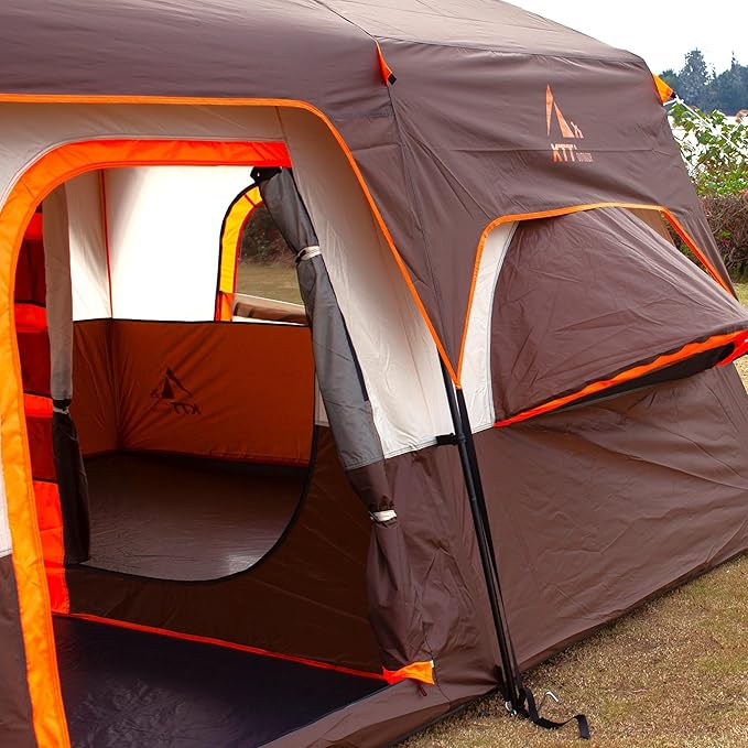 KTT Extra Large Tent 12 Person,2 Bay-Windows,Family Cabin Tents,14'Lx10'Wx6.58'H,2 Rooms and 3 Doors 3 Windows with Mesh,Waterproof,Straight Wall,Big Tent for Outdoor,Picnic,Camping,Gathering