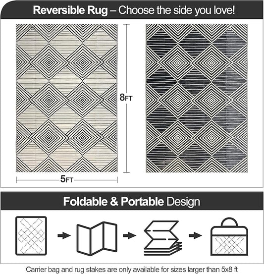 Waterproof Outdoor Rug 5x8ft, Foldable Reversible Plastic Straw Mat for Patio RV Deck Porch Backyard Balcony Camping Picnic Beach Indoor Outdoor Carpet, Black&Beige