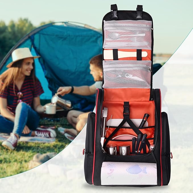 Camping Organizer for Outdoor Kitchen Storage, Large Hanging Cookware Backpack with Paper Towel Holder, Multi Pockets Camp Utensil Containers for BBQ Grill Cooking Essential Tools, Bag Only