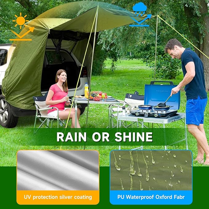 SUV Tailgate Tent,KOMCLUB Car Camping Tent with Awning Shade Waterproof Roof Canopy Green Hatchback Car Tent for Outdoor Travel Preferred,Universal Fit Most SUV,Tarp Poles+Tent Stakes+Reflective Ropes