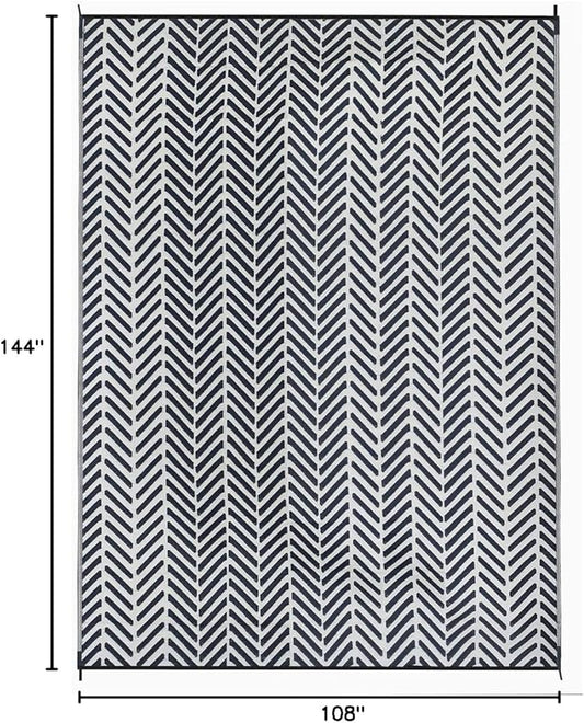 FH Home Outdoor Camping Rug - Waterproof, Fade Resistant, Reversible - Premium Recycled Plastic - Herringbone - Large Patio, Deck, Sunroom, RV - Fresno - Navy - 9 x 12 ft Foldable