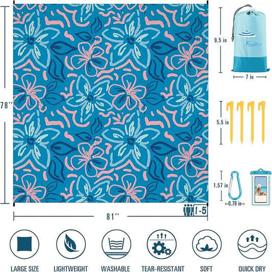 Beach Blanket Sandproof Waterproof 78''×81''1-5 Adults Oversized,Compact Lightweight Durable Beach Mat for Travel Camping Hiking Picnic Blanket