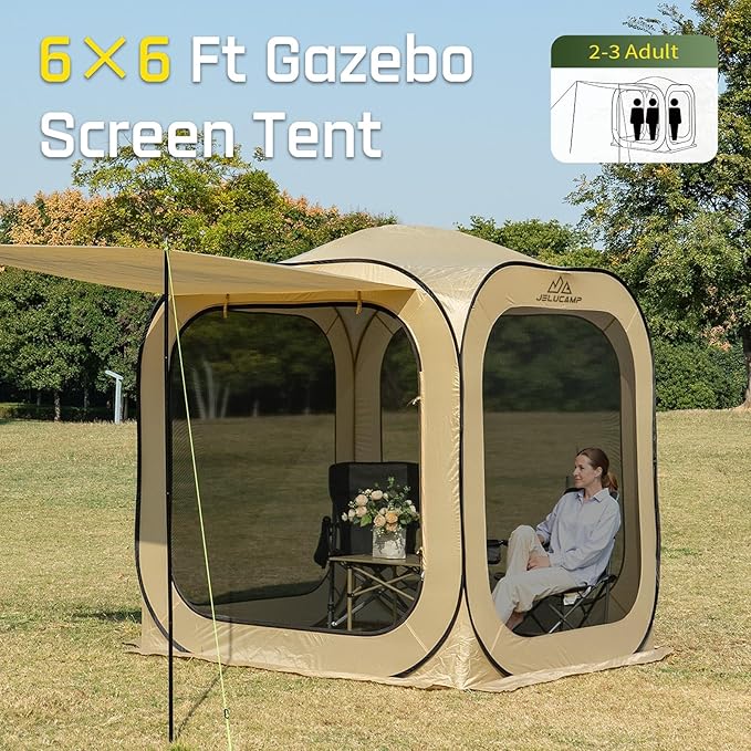 6x6 FT Pop Up Screen Tent - Instant Screened Gazebo Canopy with Mosquito Net, Portable Backyard Tent for 4-6 People, Easy Setup Patio Shelter for Camping, BBQ, Sports & Outdoor Activities