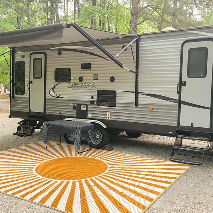 Anidaroel Outdoor Area Rug for Patio Clearance 8x10ft Waterproof, Reversible Plastic Straw Rug Outside Rug, RV Mat for Camping, Porch, Balcony, Pool Deck (Orange,8‘x10')