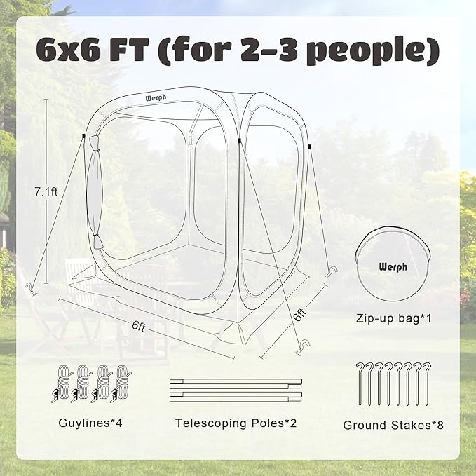 Pop Up Tent,Portable Canopy Tent with Mesh Mosquito Net, Screen House Room Canopy Shade Screen Tent 6 x 6 FT with Carry Bag for Patio, Backyard, Sports & Outdoors Activities, Green