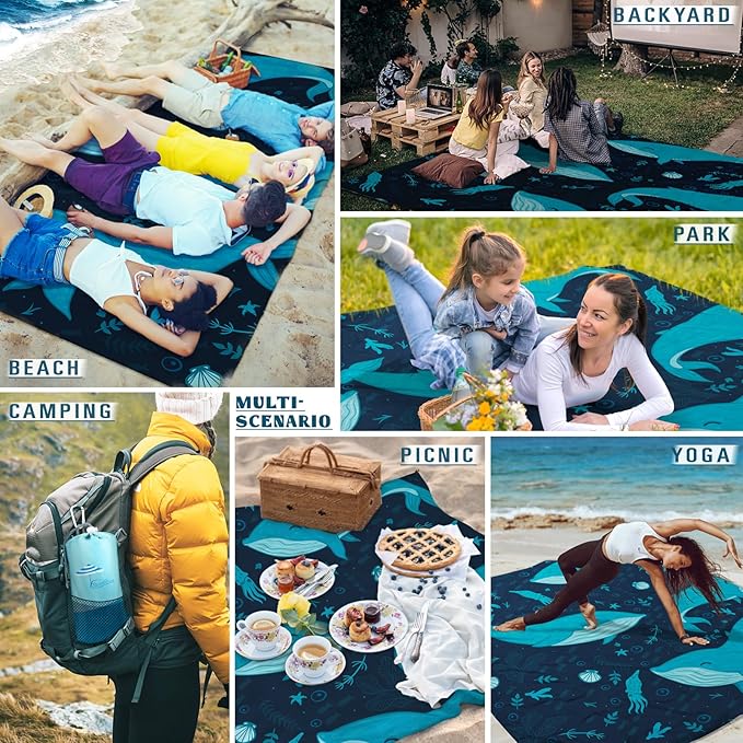 Beach Blanket Sandproof Waterproof 78''ร81''1-5 Adults Oversized,Compact Lightweight Durable Beach Mat for Travel Camping Hiking Picnic Blanket