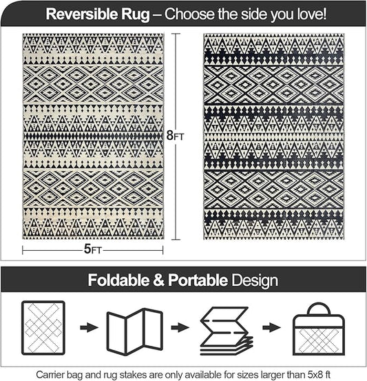 Waterproof Outdoor Rug 5x8ft, Bohemia Reversible Plastic Straw Mat for Patio RV Deck Porch Backyard Balcony Camping Picnic Beach Indoor Outdoor Carpet, Black&Beige