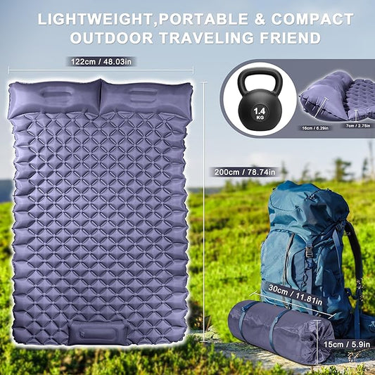Double Camping Pads for Sleeping, Ultralight Floor Mattresses for Sleeping with Built-in Pillow Foot Pump, Mattress Foldable for Tent, Backpacking, Hiking, Car Traveling, Navy Blue