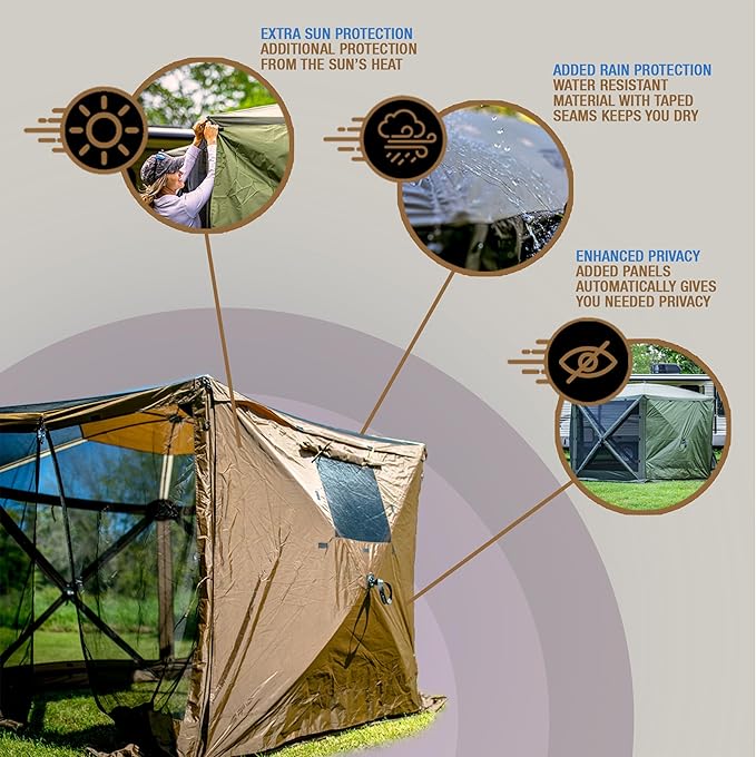 CLAM Quick Set Traveler 6 by 6 Foot Portable Pop Up Outdoor Camping Gazebo Screen Tent 4 Sided Canopy Shelter with Carry Bag and Wind Panel, Brown