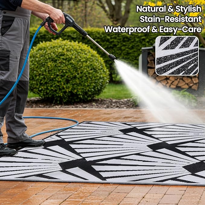 Outdoor Rug for Patio, 5x8 Ft Reversible Outdoor Plastic Straw Rug Waterproof Foldable Camping Mat with Uv Protection, Quick-Dry Straw Patio Carpet for Deck Rv Porch Backyard - Black&White