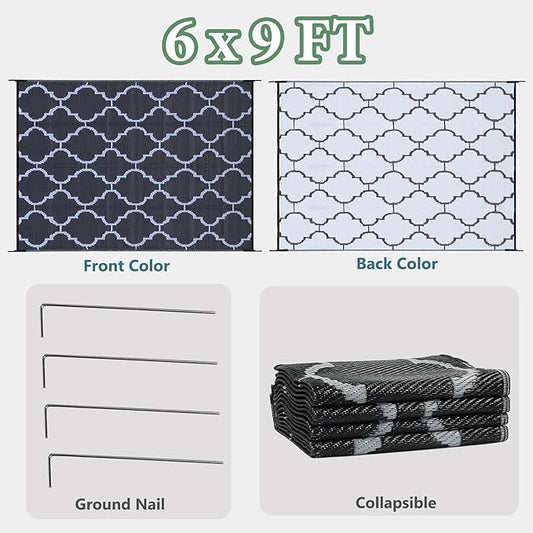Ogrmar 6x9 FT Reversible Mats, Outdoor Rug for Patio Clearance, Waterproof Carpet, Plastic Straw Rug for Indoor Outdoor, Floor Mat&Rug for RV Porch Camping Backyard Deck Balcony Beach Trailer (Black)