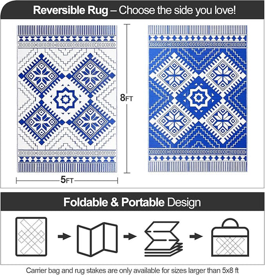 Waterproof Outdoor Rug 5x8ft, Boho Reversible Plastic Straw Mat for Patio RV Deck Porch Backyard Balcony Camping Picnic Beach Indoor Outdoor Carpet, Blue&White