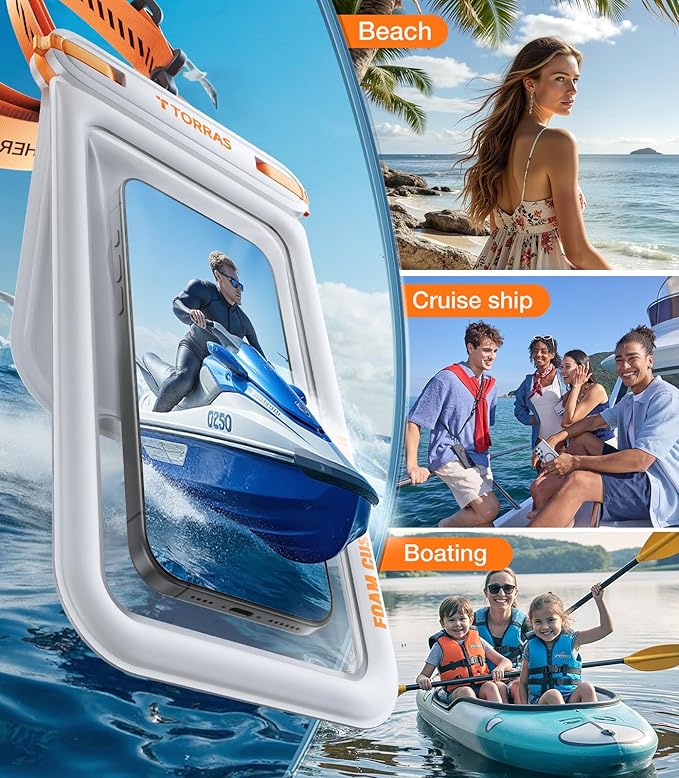 TORRAS IP68 Waterproof Phone Pouch Double Space, Floating Waterproof Phone Case with Lanyard for iPhone 16 Pro Max 15 14 13 S25 S24, Phone Dry Bag Vacation Cruise Ship Travel Essentials 7.0'', White