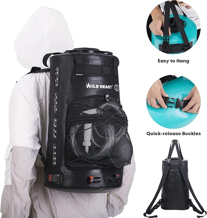 WILD HEART Camping Shower 22L/ 12L Portable Shower for Camping with Pressure Foot Pump and Hose - Solar Shower Bag Backpack for Camping, Road Trip & Outdoor Use