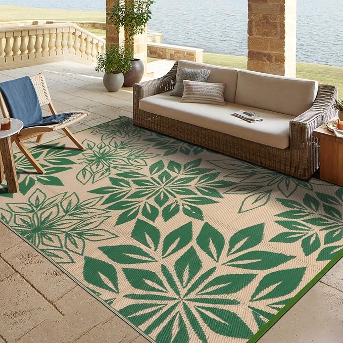 Waterproof Outdoor Rugs 5x8, Green Outdoor Plastic Straw Rug Double-Sided, Fade Resistant Patio Rug, Easy Cleaning RV Camping Mats Outside Carpet Portable for Balcony Porch Garden Deck Picnic