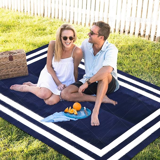 5'x 8' Outdoor Rug,Waterproof Reversible Patio Rugs,5x8 ft Plastic Straw Outdoor Carpet Foldable Plastic Camping Mat for Outside RV, Patio,Picnic,Camper,Balcony,Porch(Navy Blue &White)