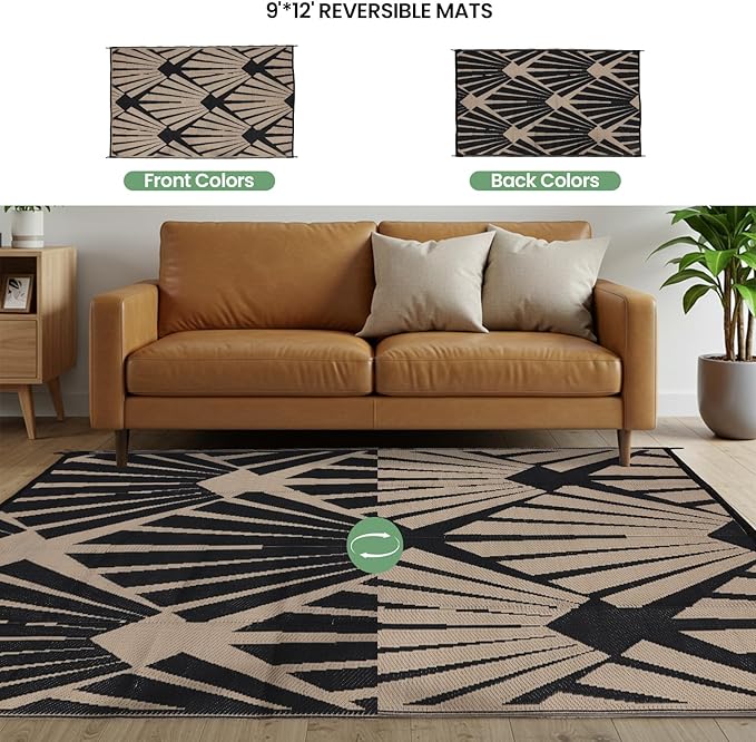 Outdoor Rug for Patio, 6x9 Ft Reversible Outdoor Plastic Straw Rug Waterproof Foldable Camping Mat with Uv Protection, Quick-Dry Straw Patio Carpet for Deck Rv Porch Backyard - Black & Brown