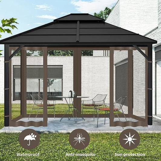 Gazebo Replacement Mosquito Netting Outdoor Universal Gazebo Canopy 4-Panels Screen Sidewalls with Zipper for Patio Garden (Coffee, 10x12)