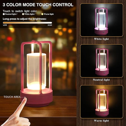Portable Metal Table Lamp, Cordless Table Lamp, Rechargeable Battery Powered Portable LED Desk Lamp, 3 Color Stepless Dimming Touch, for Bedroom Restaurant Home Outdoor (Pink)