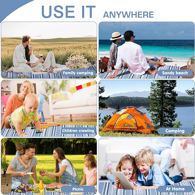 Oversized Waterproof Picnic Mat, Outdoor Beach Mat. Suitable for Camping, Outdoor, Beach, Party and Concert. (Dark Blue & Light Blue, 80" x 60")