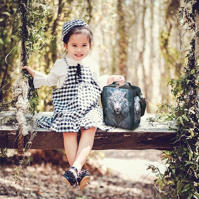 Animal Lunch Box for Kids, Watercolor White Tiger Lunch Bag for Boys Girls, Reusable Insulated Waterproof Lunch Box with Adjustable Shoulder Strap Thermal Cooler Tote Bag for School Daycare Picnic