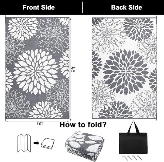 Ileading Reversible Outdoor Rug 6x9Ft Waterproof Patio Rug Carpet Portable Outdoor Plastic Straw Rug Large RV Camping Mat Rug for Patio, Clearance, Deck, Beach, Porch, Camping, Picnic, Flower Grey