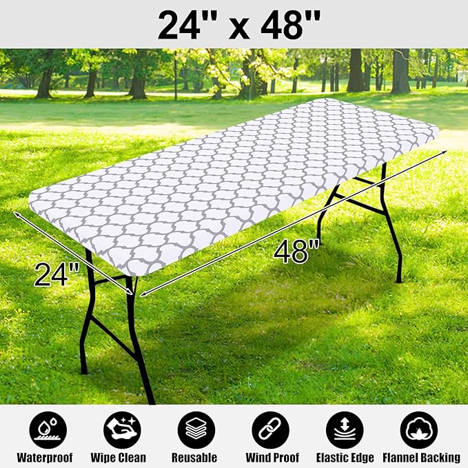 Smiry Rectangle Picnic Table Cover, Waterproof Elastic Fitted Camping Tablecloths for 4 Foot Tables, Wipeable Flannel Backed Vinyl Tablecloth Protector for Indoor, Outdoor (White, 24x48 Inches)