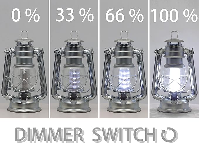 YAKii LED Vintage Metal Hanging Hurricane Lantern - 12 LED Dimmer Switch Cold White Battery Operated for Power Outage Indoor Camping Lighting Outdoor Brooklyn (Silver 2 Pack)