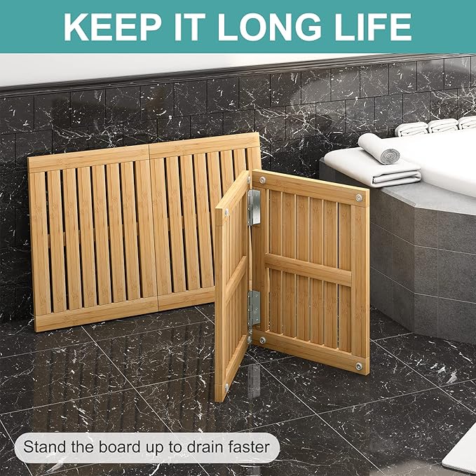 Waterproof Bamboo Bath Mat for Shower, Foldable | Non-Slip | Heavy Duty, Wooden Bath Mat, Floor Mat and Doormat for Indoor Outdoor, 23.4in x 15.6in