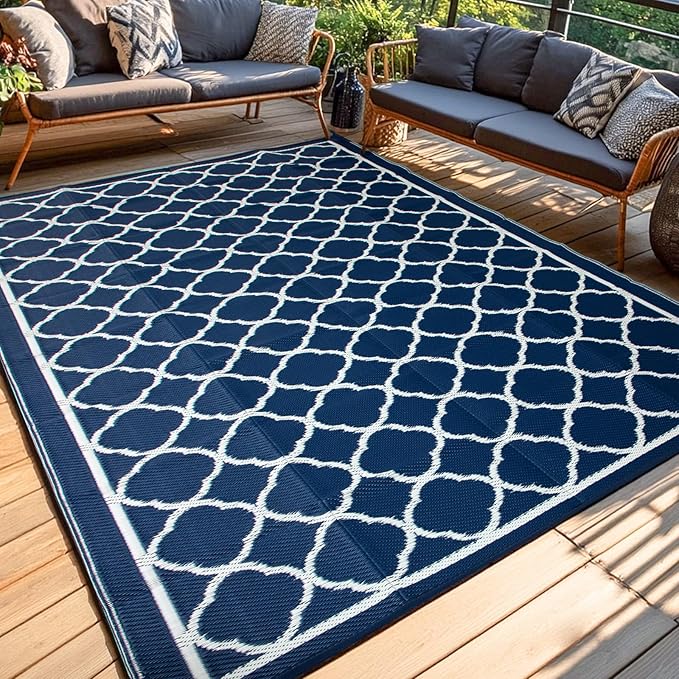 Waterproof Outdoor Rug 9x12 ft, Reversible Plastic Straw Rug, Easy to Clean Patio Rug, Portable Carpet for Patio, RV, Deck, Balcony, Backyard, Picnic, Beach, Clover, Navy Blue